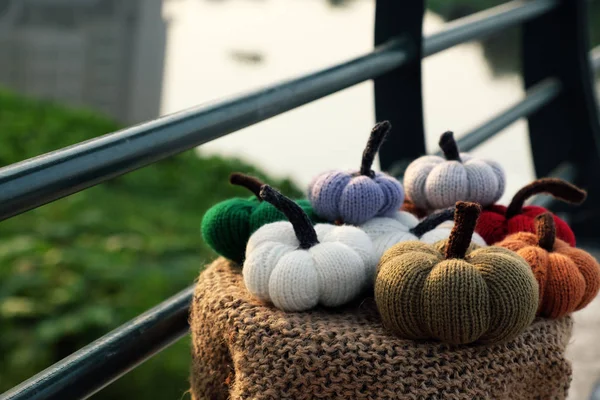 Group Colorful Pumpkin Ornament Knit Yarn Table Green Background Banister — Stock Photo, Image