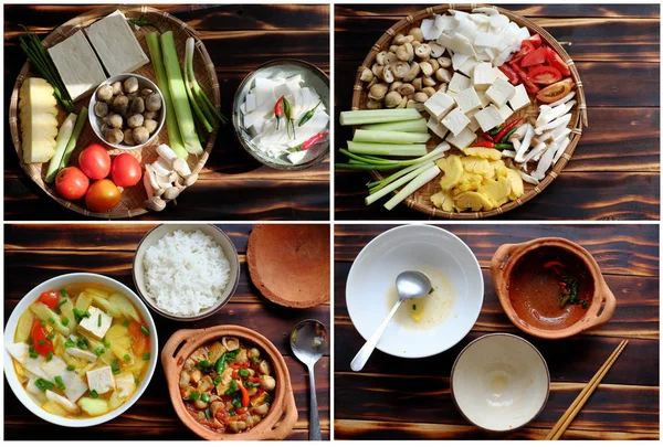 Makanan sayuran pengolahan sup dan tahu, jamur memasak dengan sau — Stok Foto