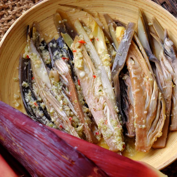 Ingredients vegan food, banana blossom fry with chopped citronel — Stock Photo, Image