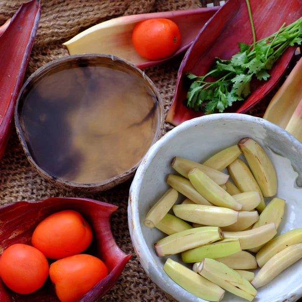 Vegetarian food ingredients, banana flower vegan fish cook with — Stock Photo, Image