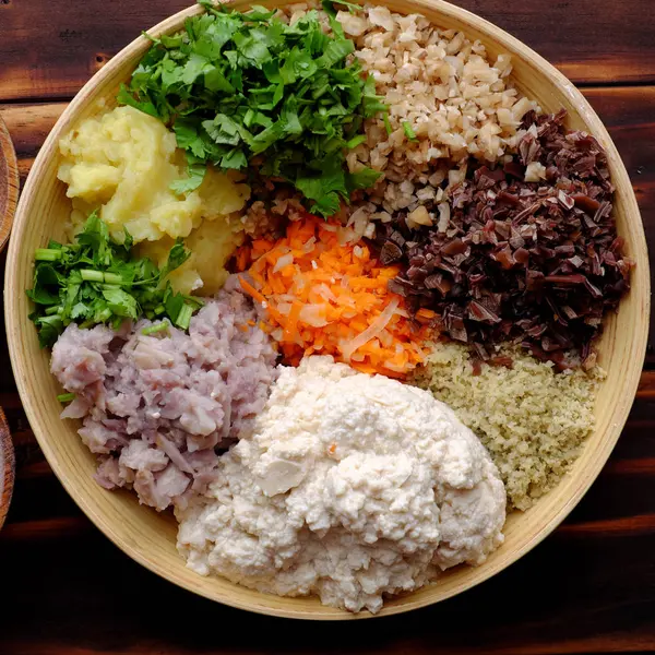 Top view preparar ingrediente alimenticio para pastel de tofu vegano frito — Foto de Stock