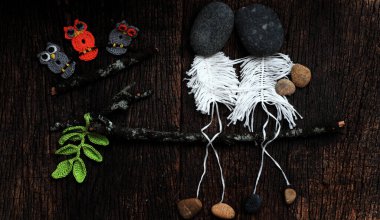 Üst manzara komik, aşk konsepti esprisi içeren sevimli bir kavram, makrome el yapımı bir çift ağaç dalında oturuyor, kafası çakıl taşından öyle güzel ki, kara tahta üzerinde aşık olduğunda mutlu. 