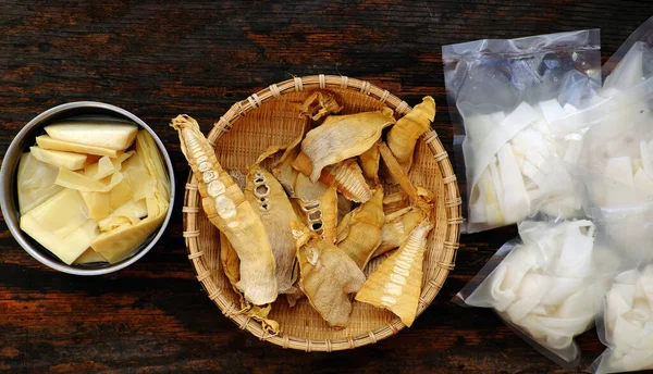 Top View Bamboo Shoots Three Processing Dry Brined Boil Make — Stock Photo, Image