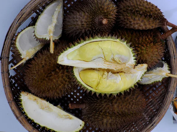 Top View Durian Fruit Basket Yellow Pulp Kind Popular Tropical — Stock Photo, Image