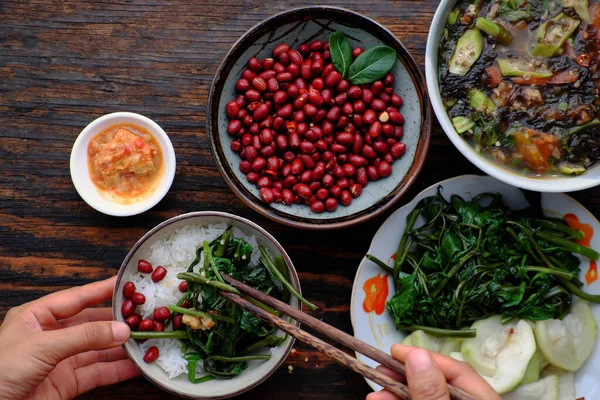 Top View Close People Have Lunch Hand Hold Rice Bowl — Foto de Stock