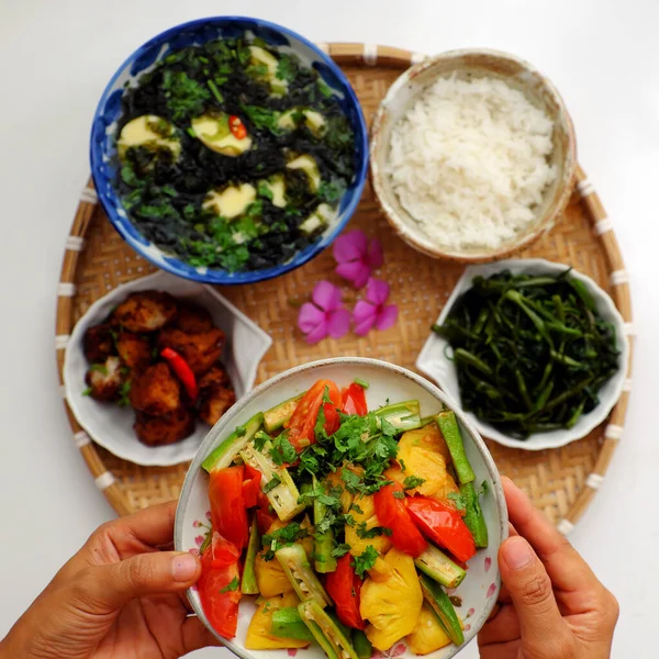 Vista Superior Cocina Vegana Vietnamita Comida Familiar Diaria Para Almuerzo —  Fotos de Stock