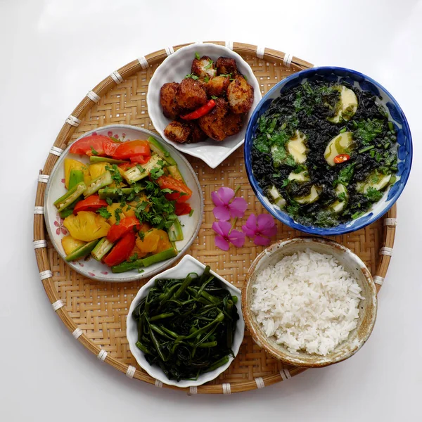 Top View Vietnamská Veganská Kuchyně Denní Rodinné Jídlo Obědu Nebo — Stock fotografie