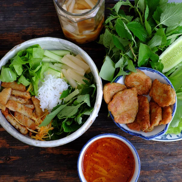 Vista Superior Refeição Vegan Vietnamita Para Café Manhã Com Menu — Fotografia de Stock