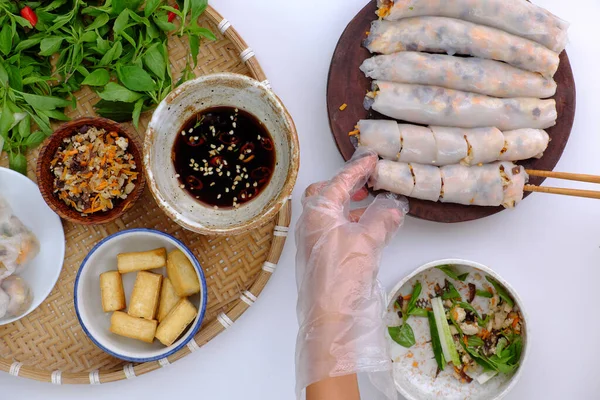 Vista Superior Mão Mulher Vietnamita Preparar Café Manhã Macarrão Arroz — Fotografia de Stock