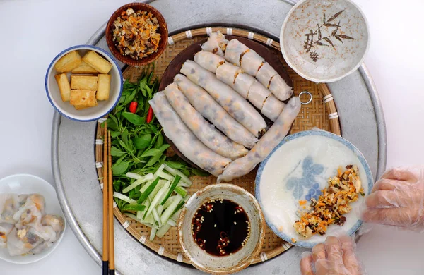 Vista Superior Mão Mulher Vietnamita Preparar Café Manhã Macarrão Arroz — Fotografia de Stock