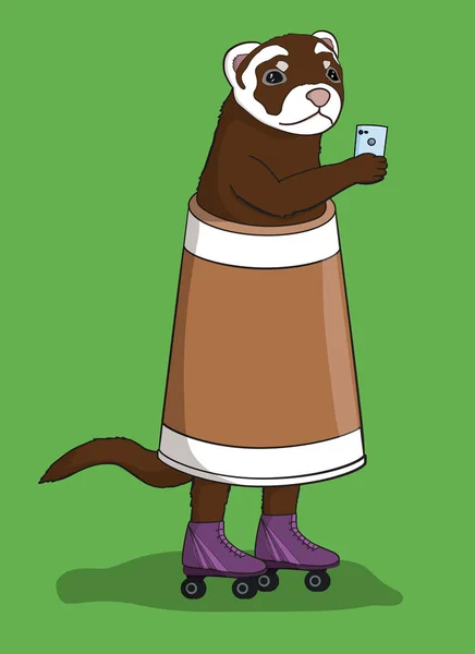 Illustration Cool Ferret Med Mobiltelefon Klädd Kaffekopp Och Rullar Kan — Stock vektor