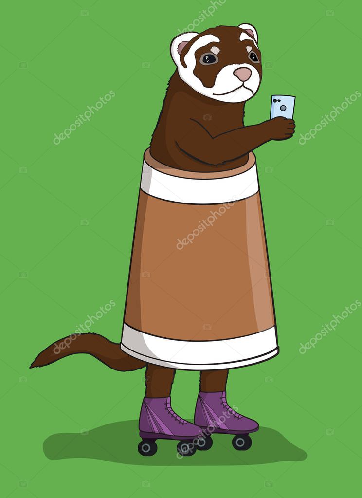 Illustration of cool ferret with mobile phone, dressed in a coffee cup and on rollers. can be used like sticker or printing