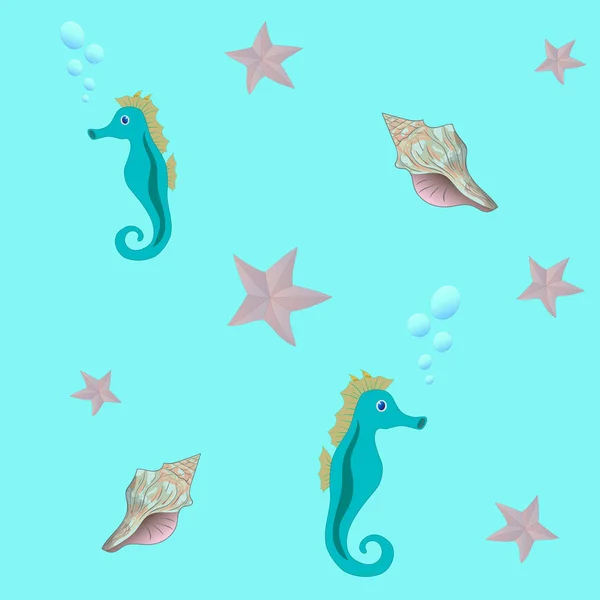 Seamless Sea Pattern Seahorse Starfish Seashell Blue Bachground — Stock Vector