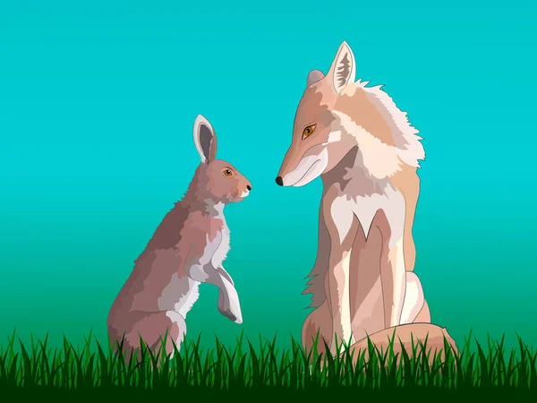 Vektor Illustration Räv Och Hare Som Sitter Gräset Och Tittar — Stock vektor