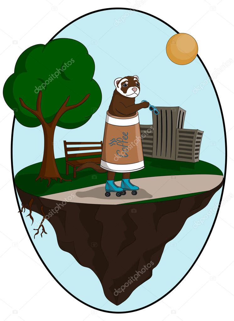 Illustration of ferret dressed in a coffee cup and on rollers on plot of land with tree and buildings levitate. T shirt printing