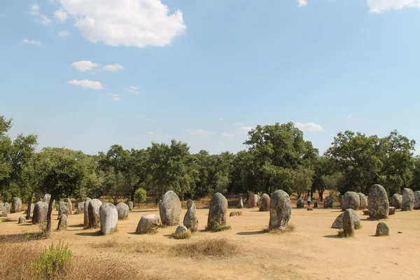 Megaliths in arid field - Cromlech di Almendres - Evora, Portugal