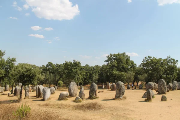Kurak alanda Megaliths - Cromlech di Almendres - Evora, Portekiz