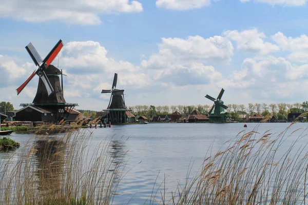 Zaanse Schans - Amsterdam 'da bulutlu bir günde yel değirmeni