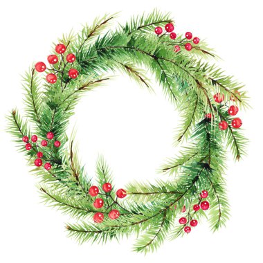 Suluboya xmas çelenk. Yeni yıl dekorasyon, noel tasarımı, el boyaması, davetiye, tebrik kartı için