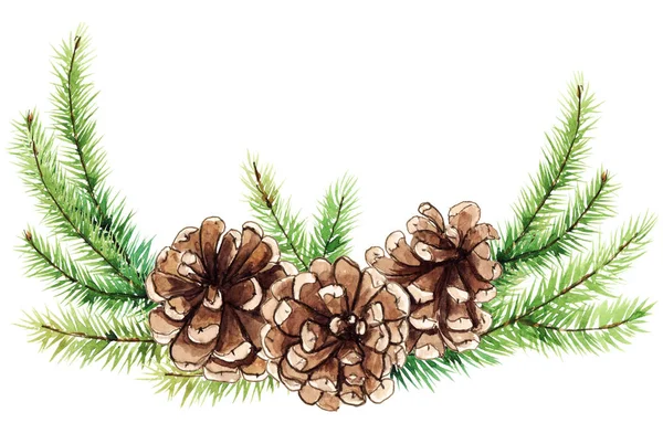 水彩手绘构图与圣诞树装饰 新年设计 请柬花圈 — 图库照片
