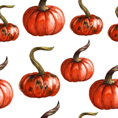 El boyaması suluboya kabaklar ile dikişsiz desen. Sonbahar tasarımı. Cadılar Bayramı, Şükran Günü. tekstil, afiş, reklam baskı olarak kullanılabilir.