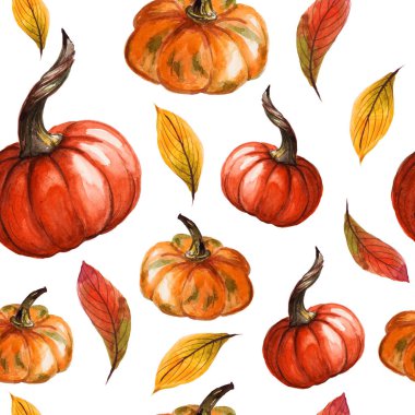 El boyaması suluboya kabaklar ile dikişsiz desen. Sonbahar tasarımı. Cadılar Bayramı, Şükran Günü. tekstil, afiş, reklam baskı olarak kullanılabilir.
