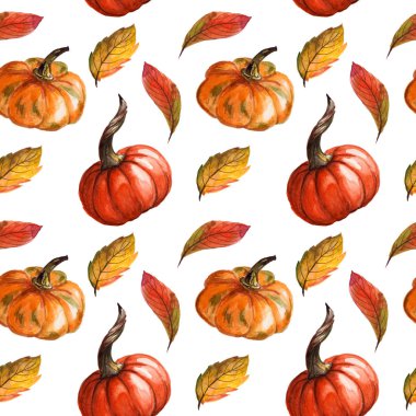 El boyaması suluboya kabaklar ile dikişsiz desen. Sonbahar tasarımı. Cadılar Bayramı, Şükran Günü. tekstil, afiş, reklam baskı olarak kullanılabilir.