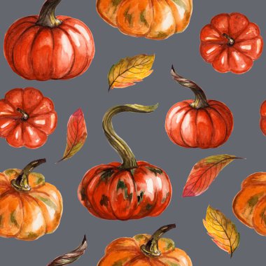 El boyaması suluboya kabaklar ile dikişsiz desen. Sonbahar tasarımı. Cadılar Bayramı, Şükran Günü. tekstil, afiş, reklam baskı olarak kullanılabilir.