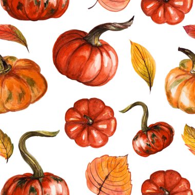 El boyaması suluboya kabaklar ile dikişsiz desen. Sonbahar tasarımı. Cadılar Bayramı, Şükran Günü. tekstil, afiş, reklam baskı olarak kullanılabilir.