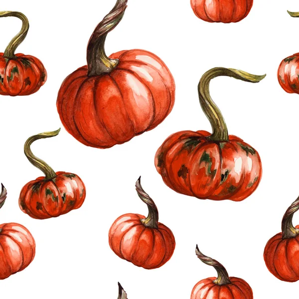 El boyaması suluboya kabaklar ile dikişsiz desen. Sonbahar tasarımı. Cadılar Bayramı, Şükran Günü. tekstil, afiş, reklam baskı olarak kullanılabilir.