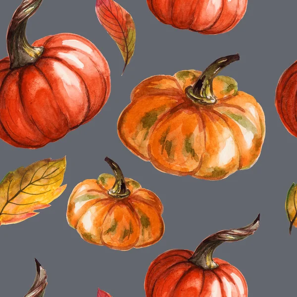 El boyaması suluboya kabaklar ile dikişsiz desen. Sonbahar tasarımı. Cadılar Bayramı, Şükran Günü. tekstil, afiş, reklam baskı olarak kullanılabilir.