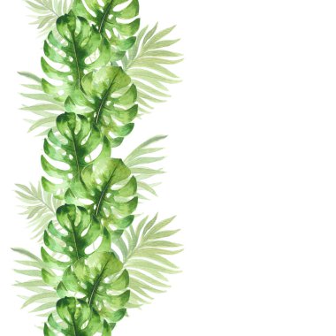 Suluboya tropikal yaprakları tasarımı ile Kompozisyon. Beyaz arka planda izole edilmiş. El boyaması illüstrasyon logo, duvar kağıdı, tekstil, yalan makinesi, düğün davetiyesi için kullanılabilir