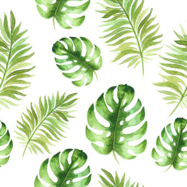 Güzel tropikal egzotik yaprakları ile suluboya dikişsiz desen. Arka plan, duvar kağıdı, tekstil, baskılar, giysi, tasarım için en iyi. El boyaması illüstrasyon