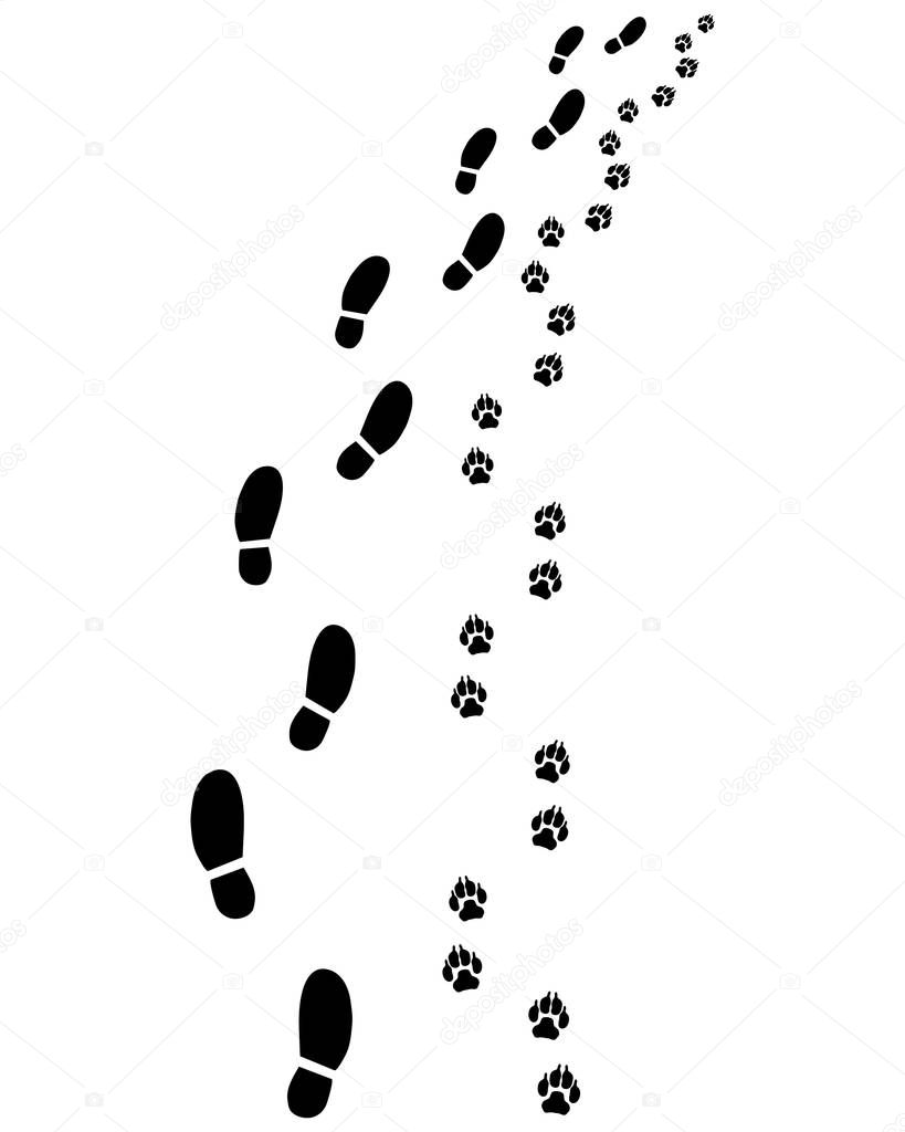 :Footprints of man and dog, turn right, vector
