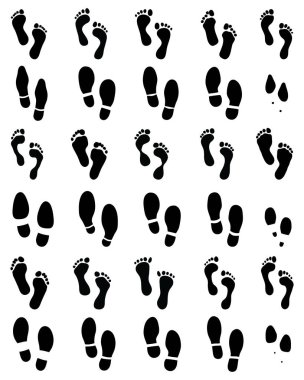 Beyaz arka planda insan ayağı ve ayakkabı izleri var.