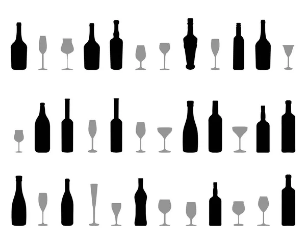 Svarta Silhuetter Glas Och Flaskor Vin — Stock vektor