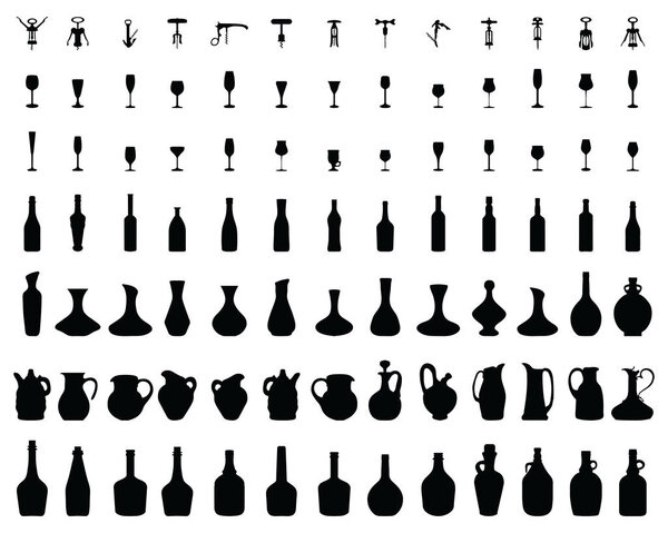 Black silhouettes of bottles, glasses and corkscrew, vector