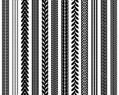 Set of detailed tire prints illustration, seamless pattern clipart