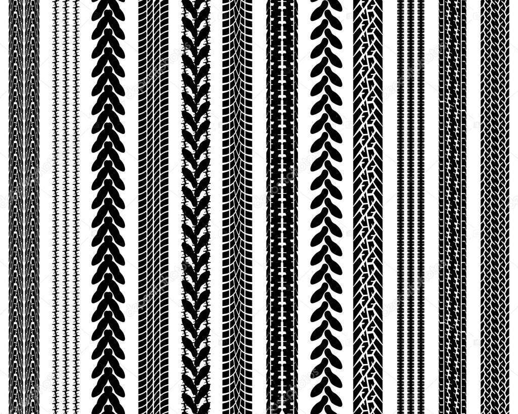 Set of detailed tire prints illustration, seamless pattern