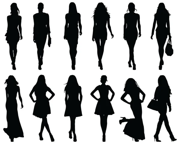 Set Beautiful Fashion Girl Silhouette White Background — Stock Vector