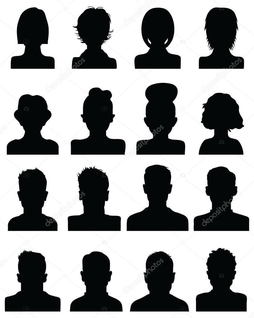 Black silhouettes of human heads, avatar profiles