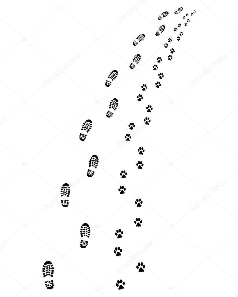 :Footprints of man and dog, turn left or right