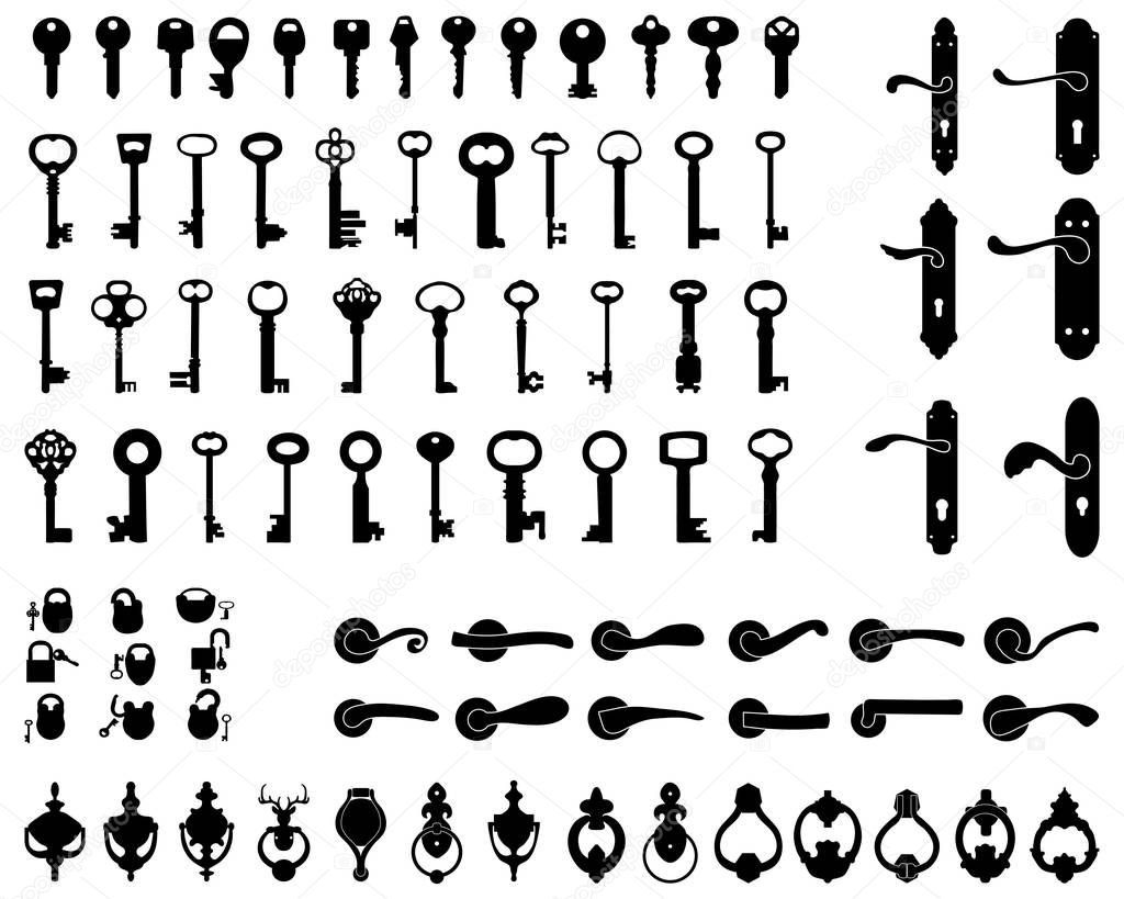 Silhouettes of door handle,  keys and padlocks