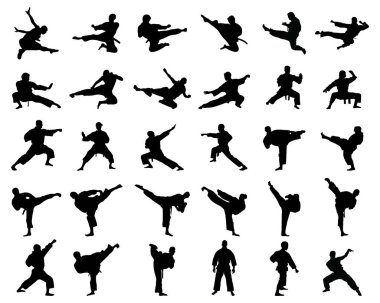 Beyaz bir arka plan üzerinde mücadele karate siyah siluetler