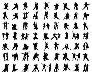 Beyaz arka planda dans oyuncularının siyah siluetleri 