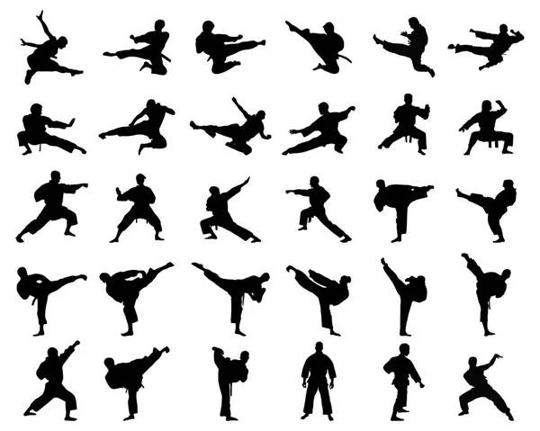 Schwarze Silhouetten Von Karate Kämpfen Auf Weißem Hintergrund — Stockvektor