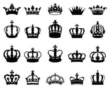 Beyaz arka planda farklı taçlardan oluşan büyük siyah siluetler seti