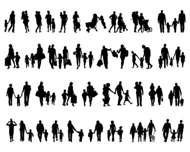 Beyaz bir arka plan üzerinde yürüme ailelerin siyah siluetleri