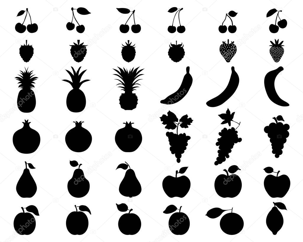 Black silhouettes of fruit, vector icon set for web and mobile