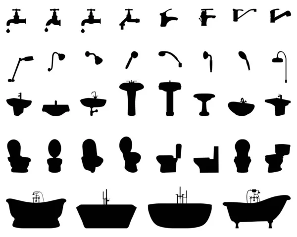 Černé Siluety Koupelnových Prvků Bílém Pozadí — Stockový vektor